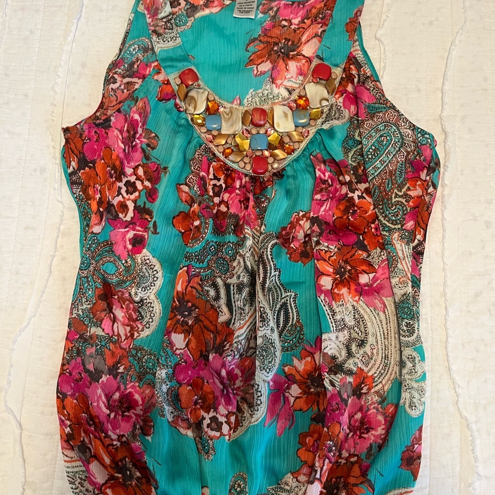 Cache Vibrant Floral Tank Top - Teal and Pink